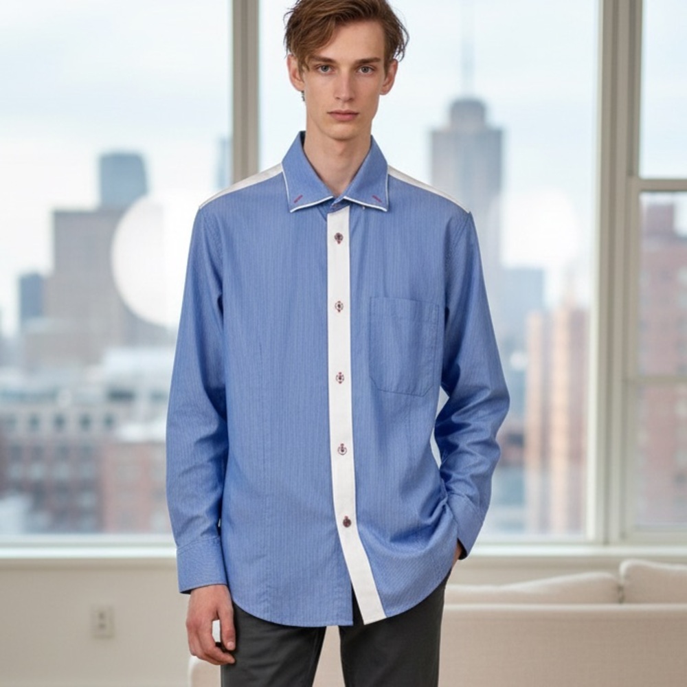 Stage of Playlord Blue and White Button Up Double Collar Shirt Size S